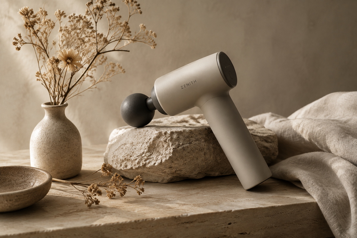 Minimalist still life of a massager with dried flowers